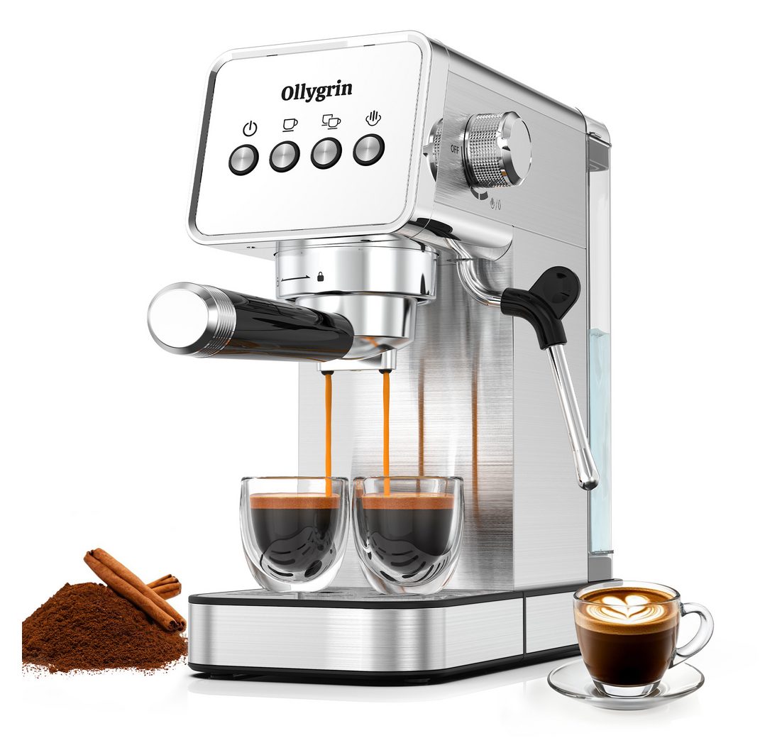 Ollygrin Kaffeehalbautomat 15-Bar-Halbautomatische Espressomaschine mit Milchaufschäumer und abnehmbarem 1,2-Liter-Wassertank