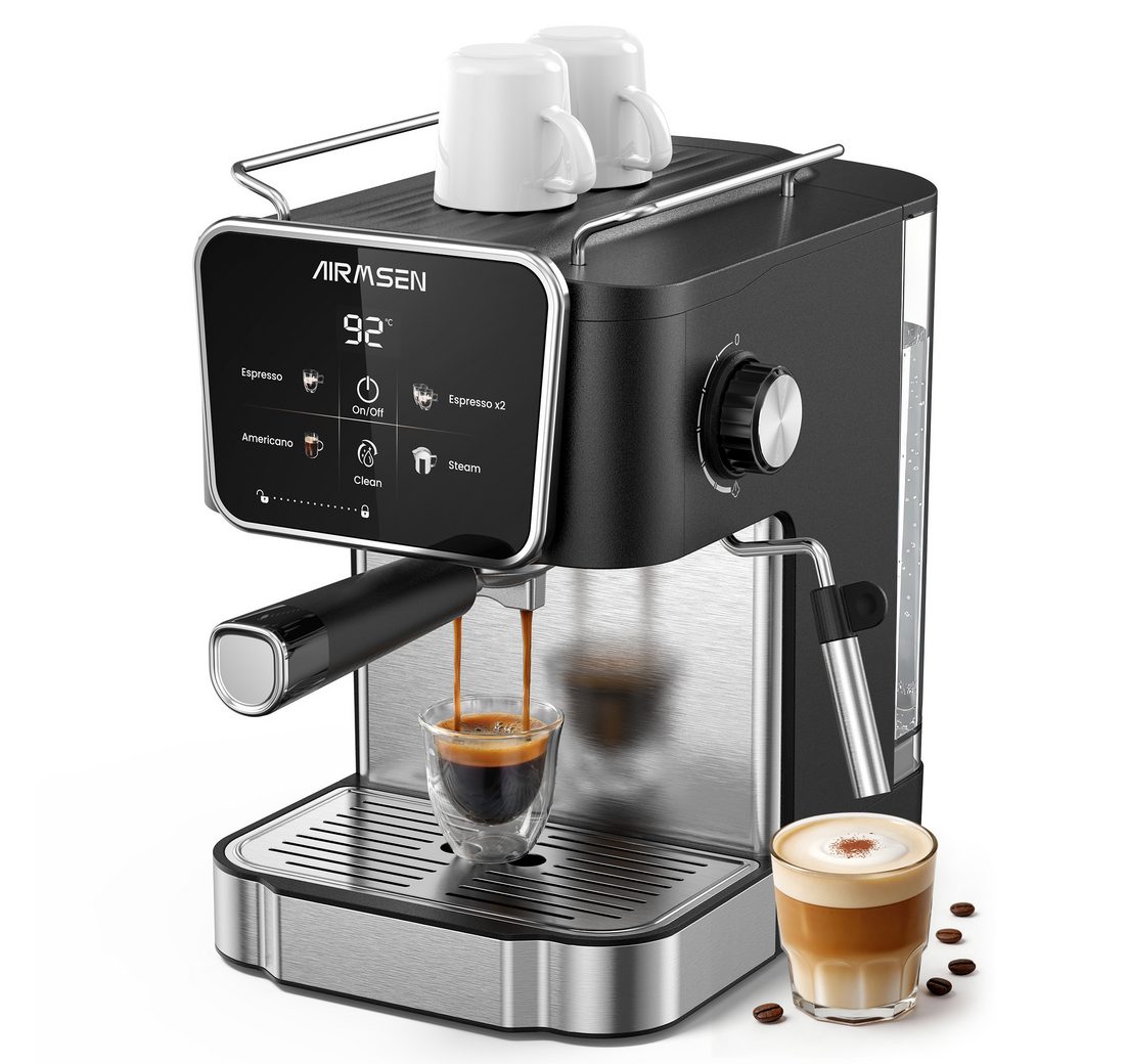 Airmsen Espressomaschine 20 Bar Siebträgermaschinen mit Milchaufschäumdüse,LCD-Touchscreen, 1.8L Wassertank, für Espresso, Cappuccino & Latte Macchiato für Zuhause